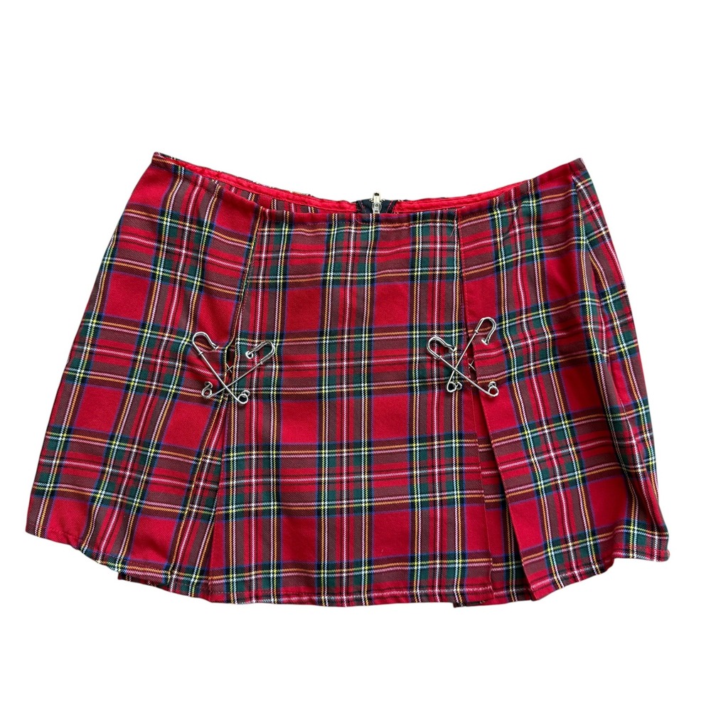 Leg Avenue Red Plaid Mini Skirt Safety Pin Punk Grunge Tartan Pleated Size‎ L